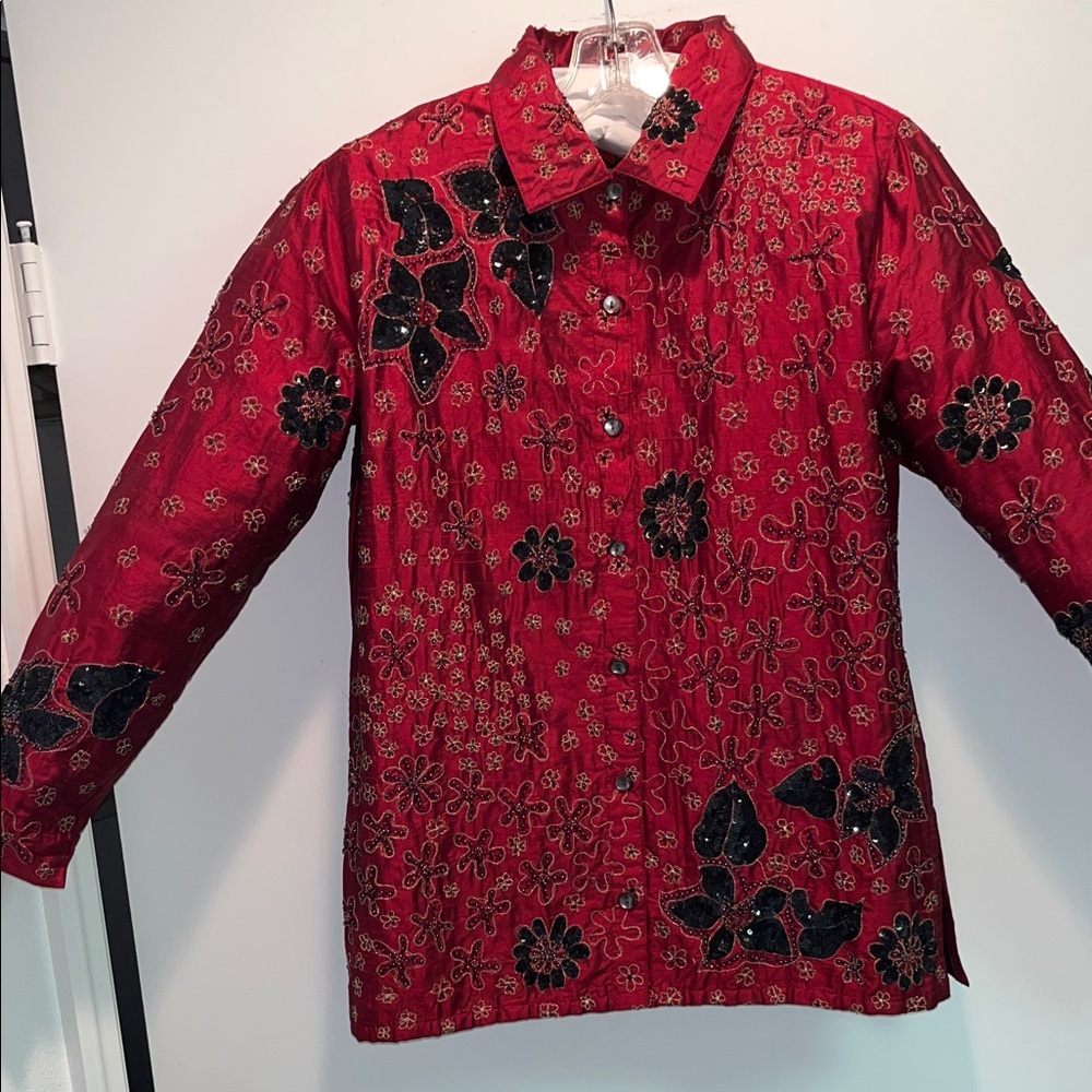 Vintage Chico's Red Silk Embroidered Bugle Beads - Sequins Jacket Size1(8-10)
